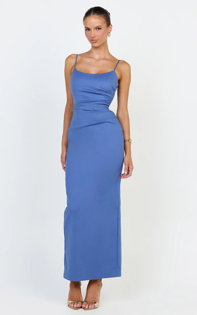 Liora Midi Dress - Low Back Scoop Neck Pin Tucked Dress in Steel Blue