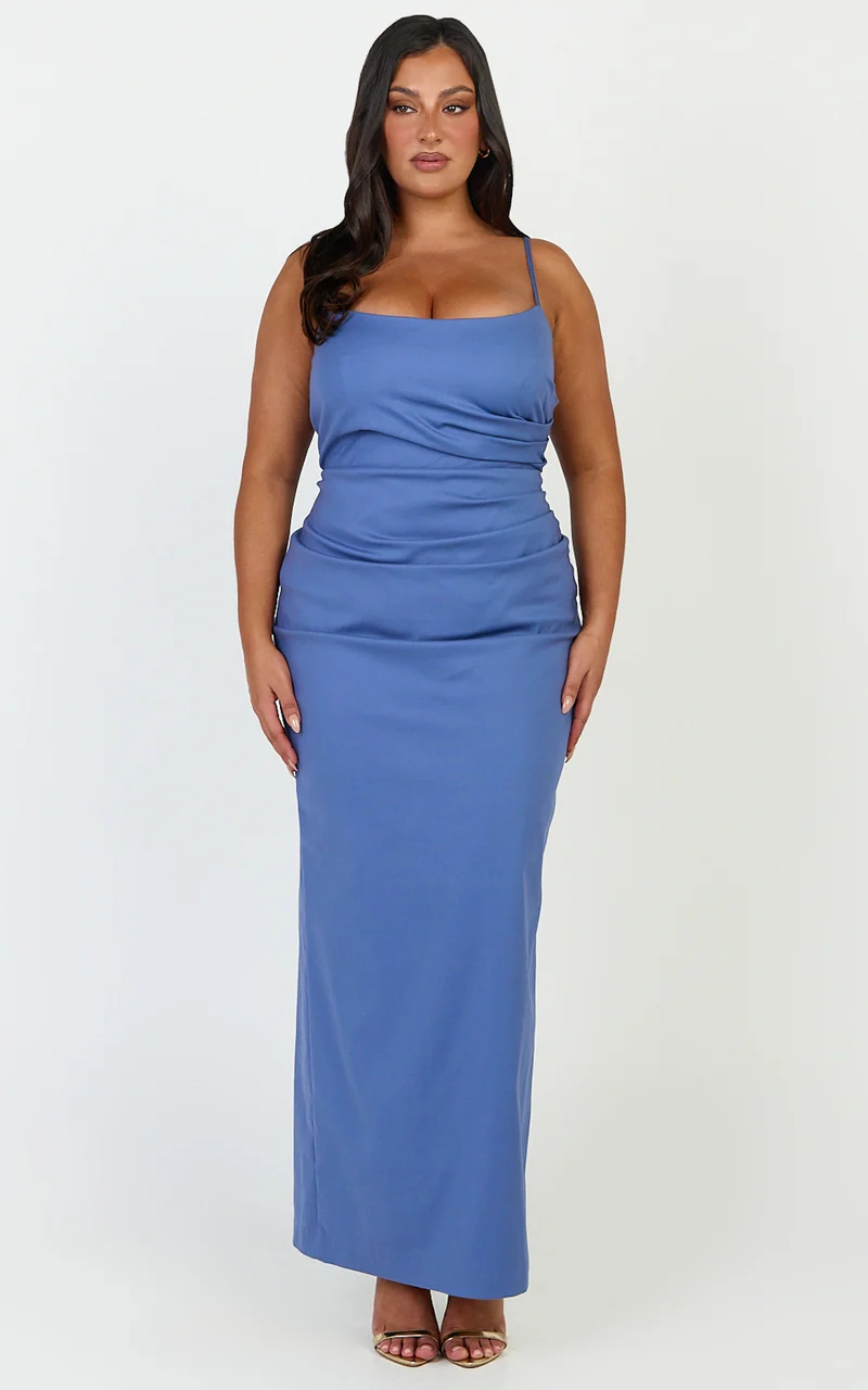 Liora Midi Dress - Low Back Scoop Neck Pin Tucked Dress in Steel Blue