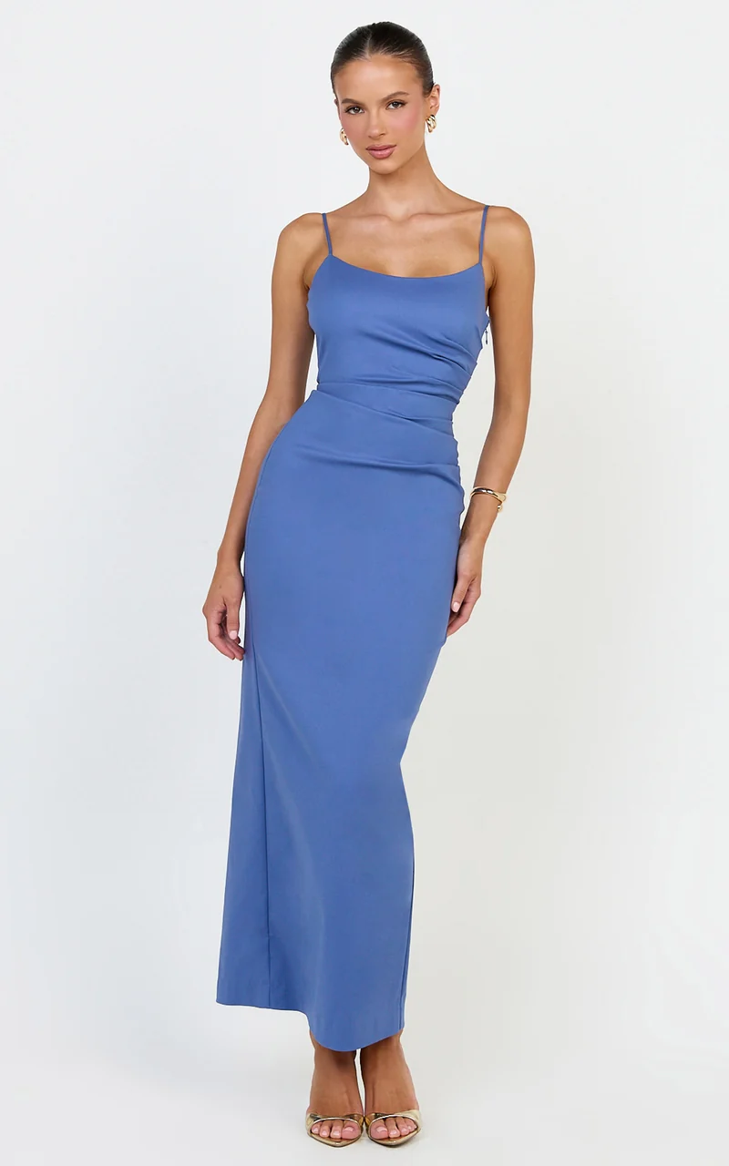 Liora Midi Dress - Low Back Scoop Neck Pin Tucked Dress in Steel Blue