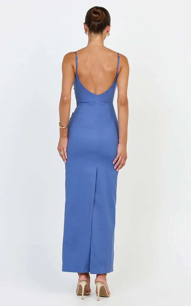 Liora Midi Dress - Low Back Scoop Neck Pin Tucked Dress in Steel Blue