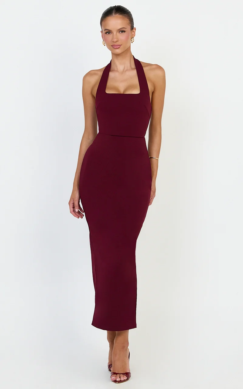 Holly Midi Dress - Halter Neck Column Dress in Wine