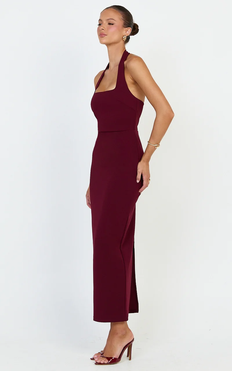 Holly Midi Dress - Halter Neck Column Dress in Wine
