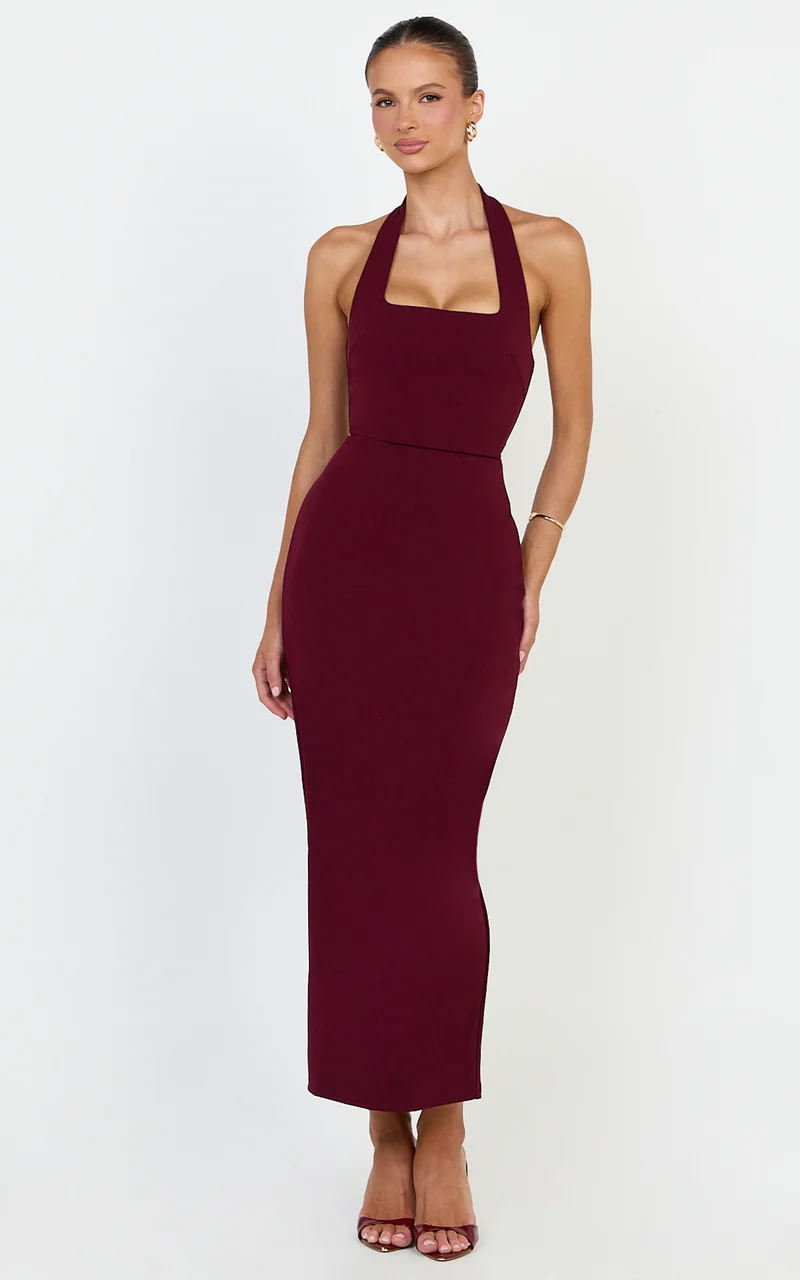 Holly Midi Dress - Halter Neck Column Dress in Wine