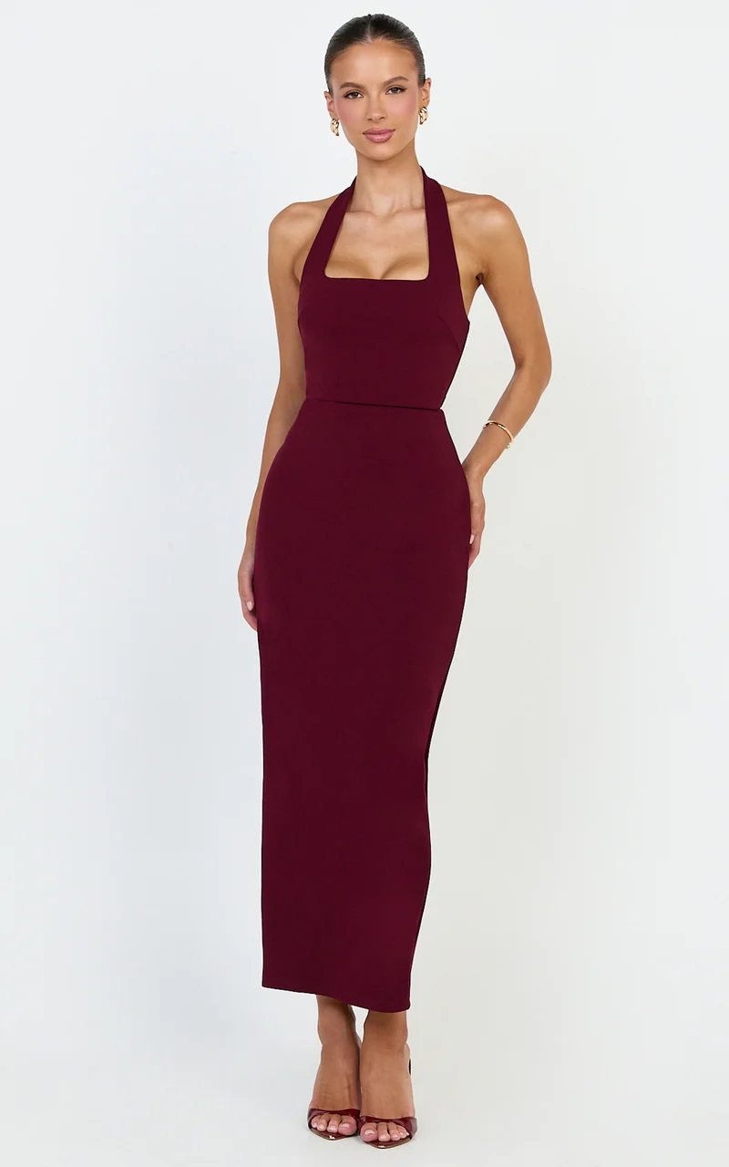 Holly Midi Dress - Halter Neck Column Dress in Wine