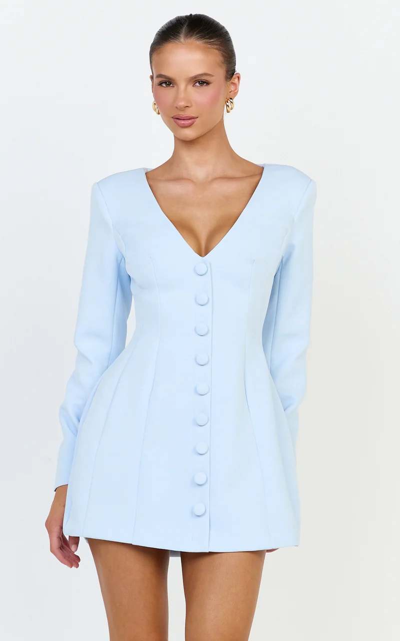 Lavender Mini Dress - Wide Neck Button Down Blazer Dress in Baby Blue
