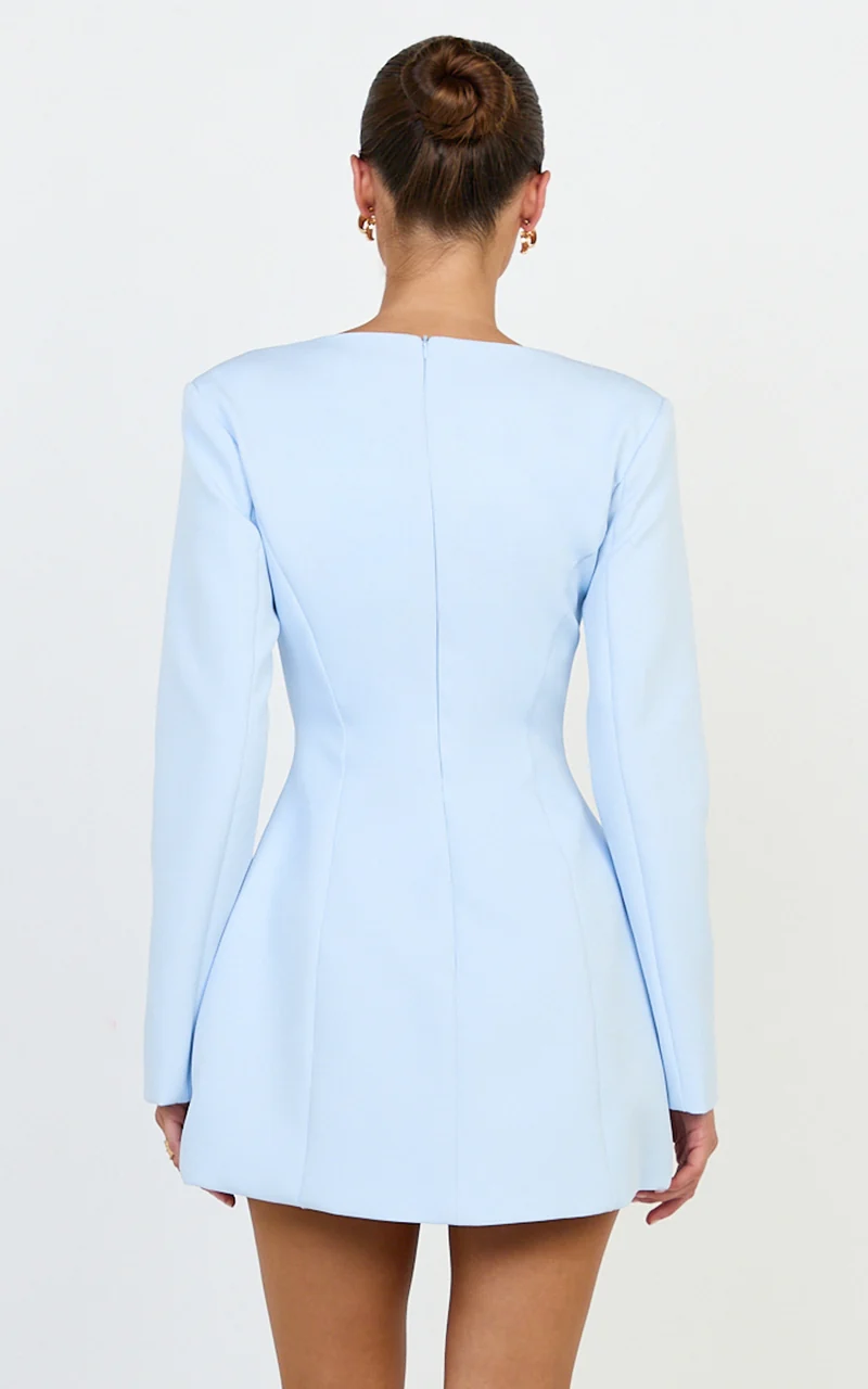 Lavender Mini Dress - Wide Neck Button Down Blazer Dress in Baby Blue