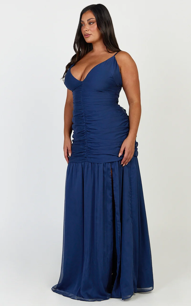 Oceane Maxi Dress - Plunge Neckline Gathered Chiffon Dress in Navy