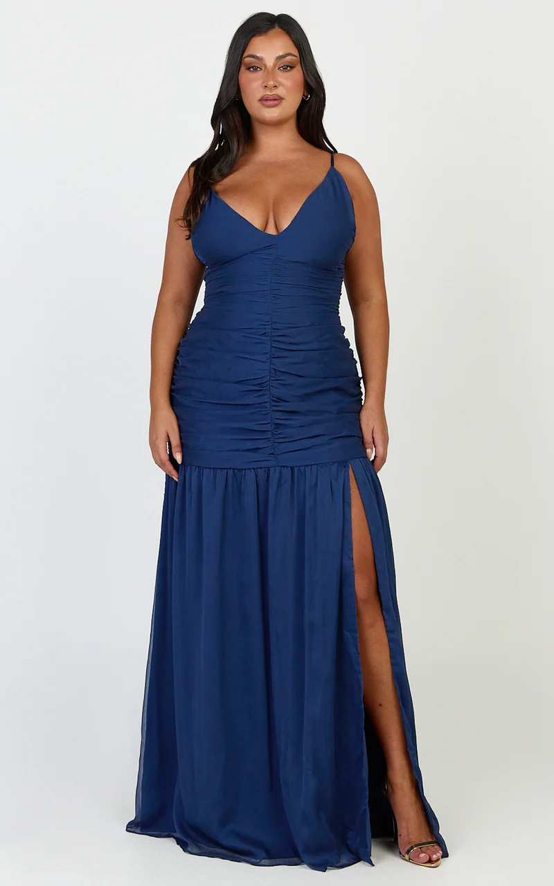 Oceane Maxi Dress - Plunge Neckline Gathered Chiffon Dress in Navy