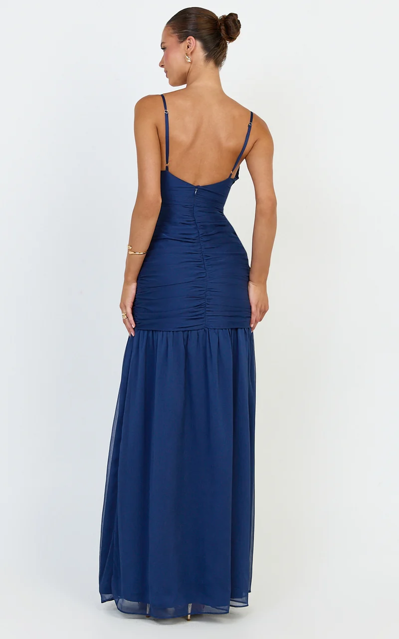 Oceane Maxi Dress - Plunge Neckline Gathered Chiffon Dress in Navy