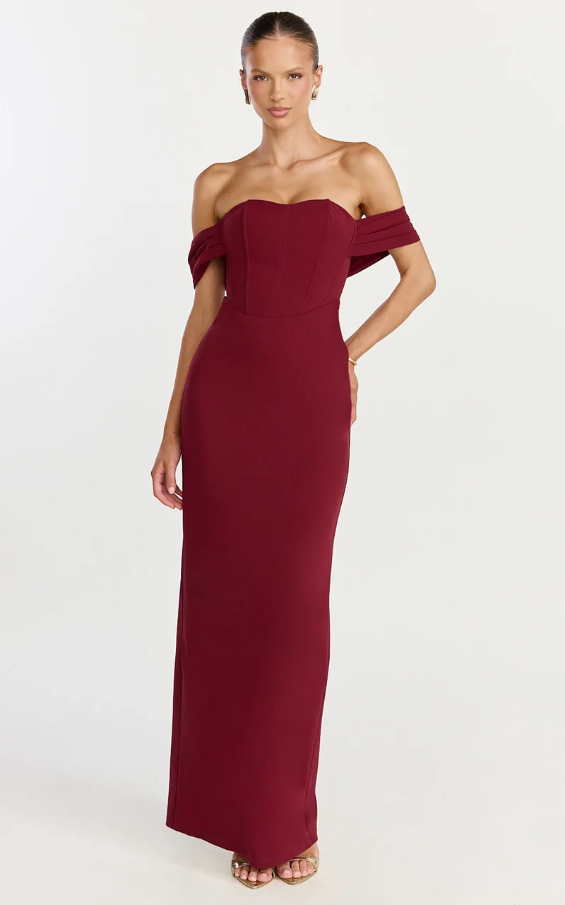 Karina Maxi Dress - Off Shoulder Corset Bodice Lace Up Back Dress in Wine