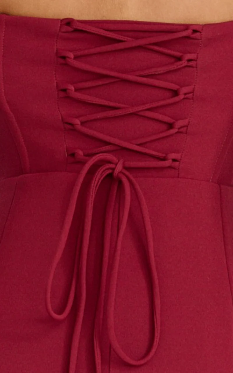 Karina Maxi Dress - Off Shoulder Corset Bodice Lace Up Back Dress in Wine