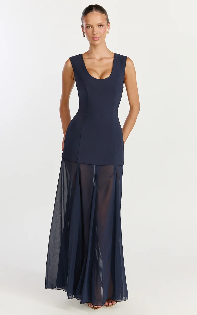 Frances Maxi Dress - Contrast U Neck Godet A Line Dress in Navy