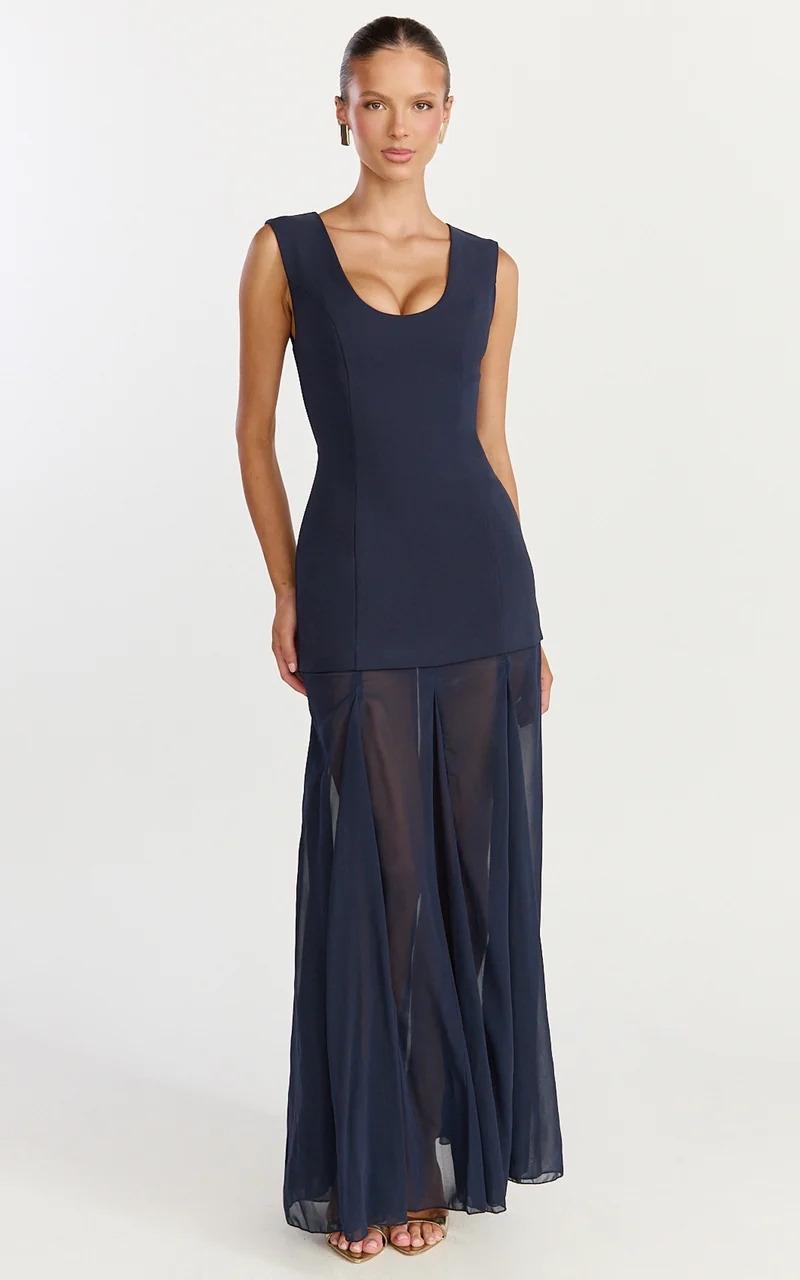 Frances Maxi Dress - Contrast U Neck Godet A Line Dress in Navy