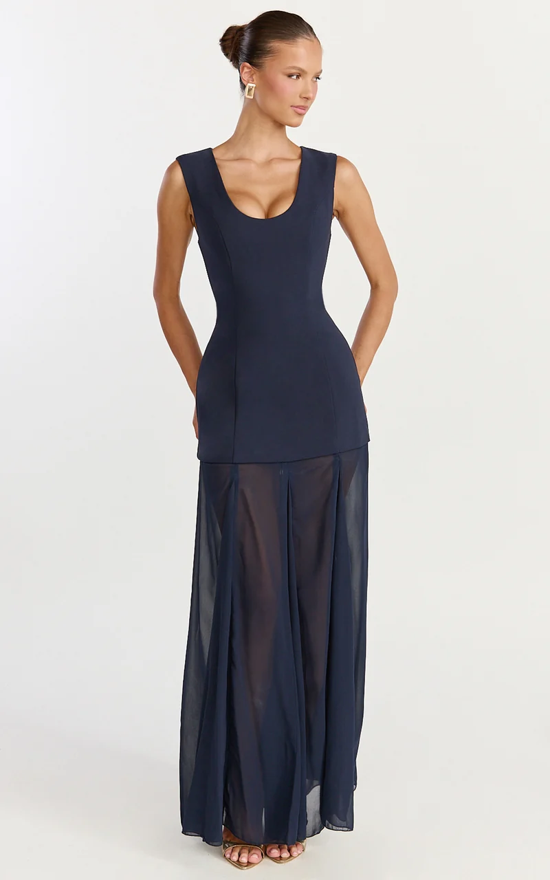 Frances Maxi Dress - Contrast U Neck Godet A Line Dress in Navy