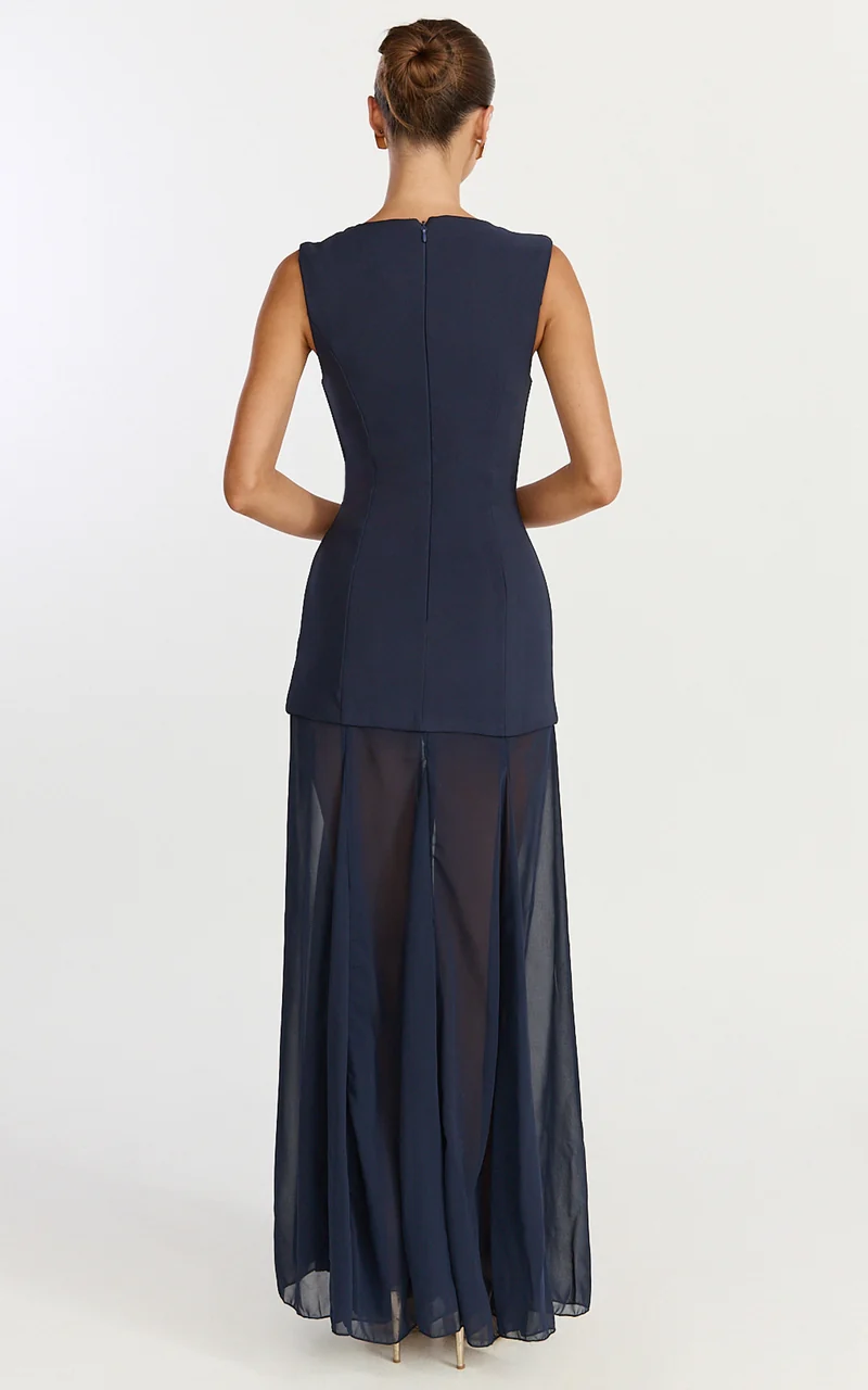 Frances Maxi Dress - Contrast U Neck Godet A Line Dress in Navy