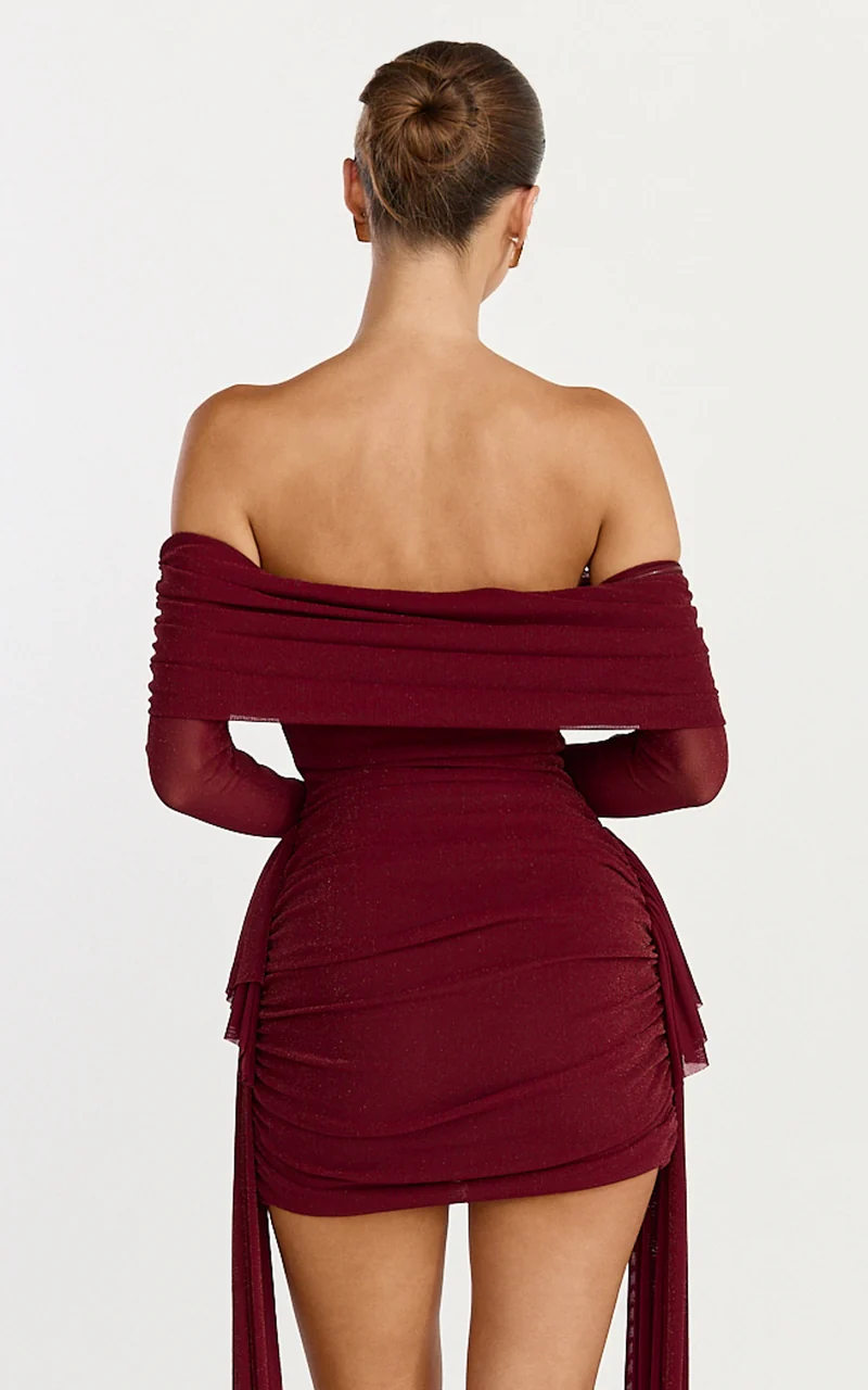Coraline Mini Dress - Long Sleeve Off Shoulder Lurex Mesh Dress in Wine