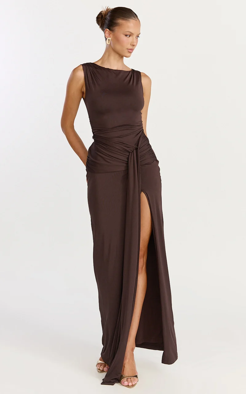 Coraline Maxi Dress - High Neck Sleeveless Draped Sash Dress in Chocolate