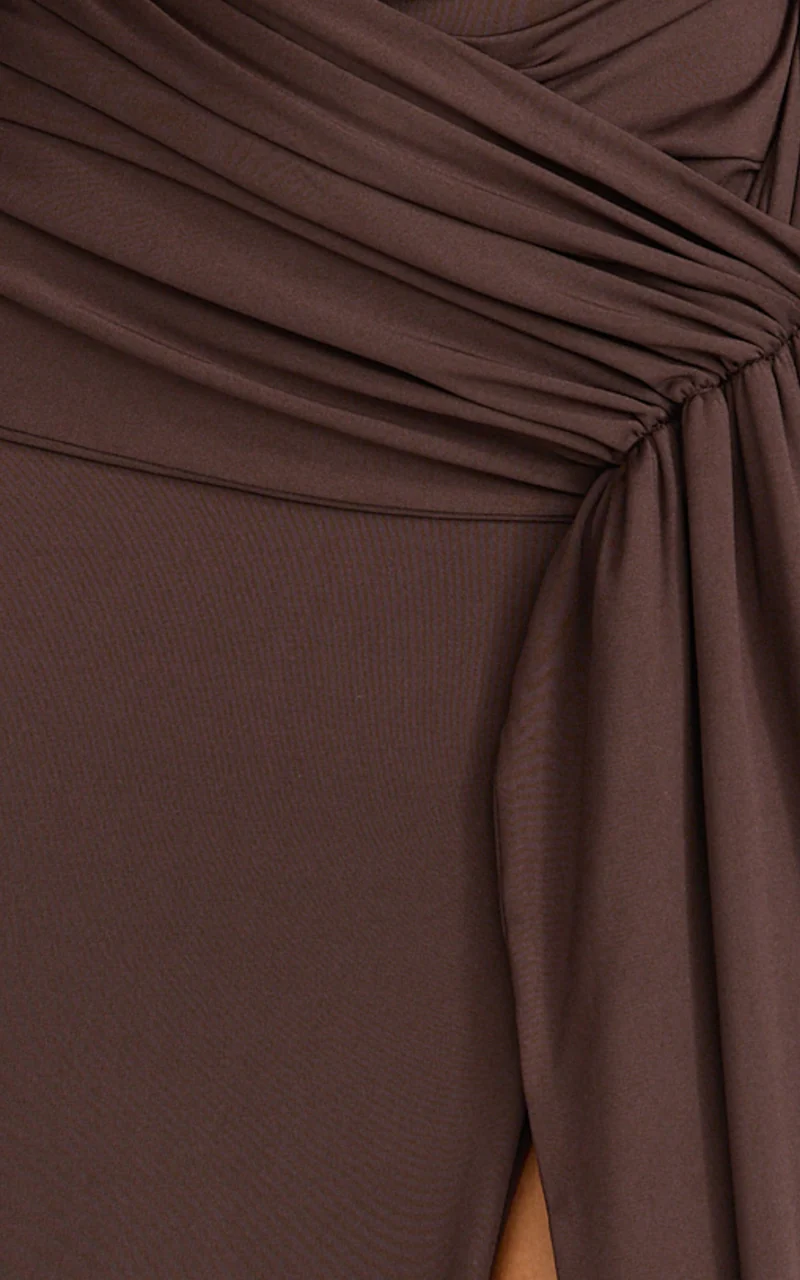 Coraline Maxi Dress - High Neck Sleeveless Draped Sash Dress in Chocolate