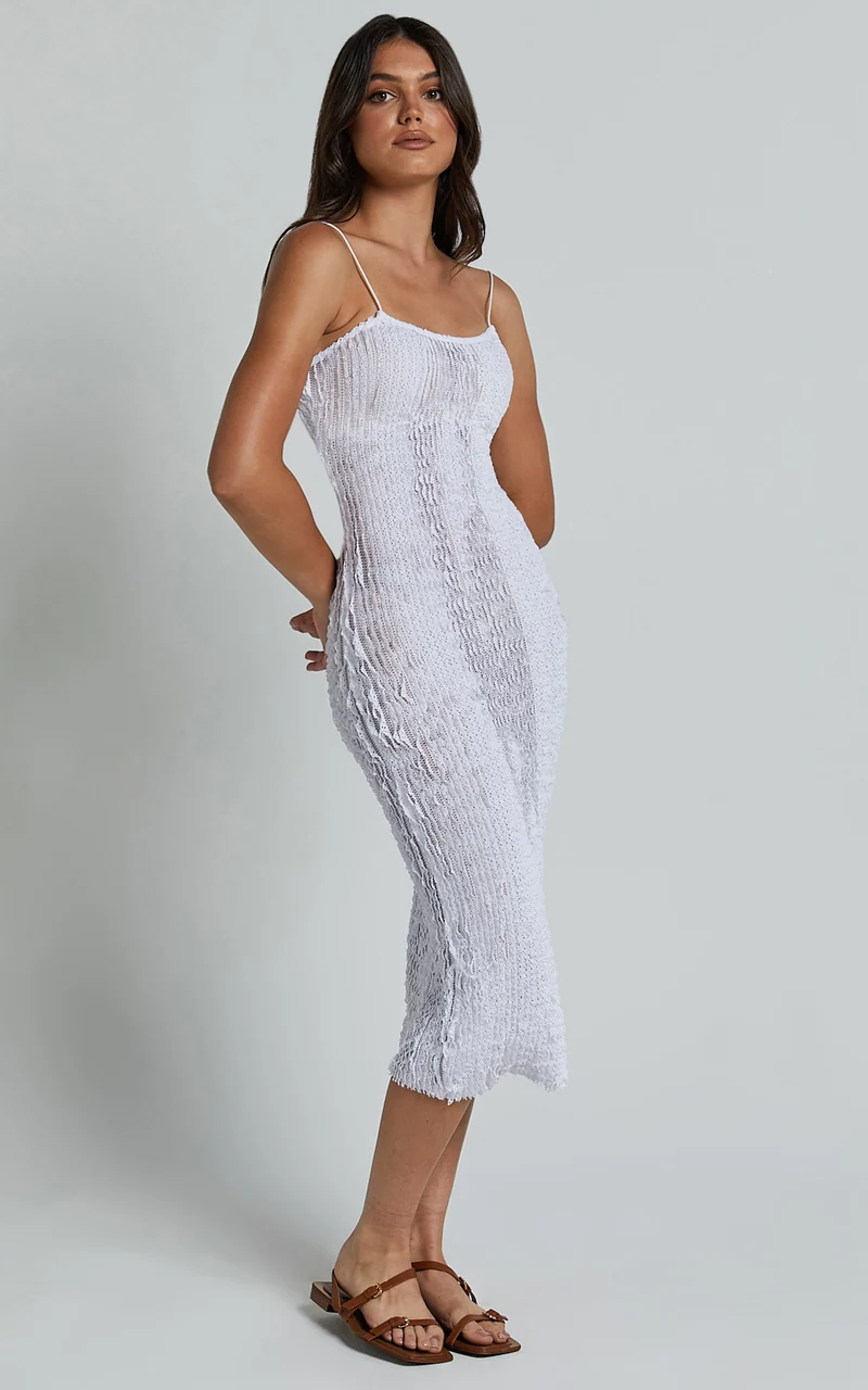 Adalene Midi Dress - Sleeveless Scoop Neck Slip Dress in White