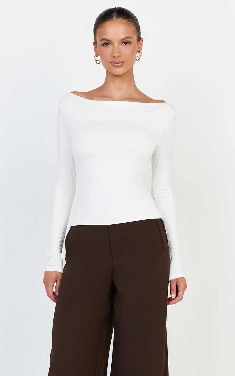 Tisdale Top - Boat Neck Long Sleeve Top in Cream