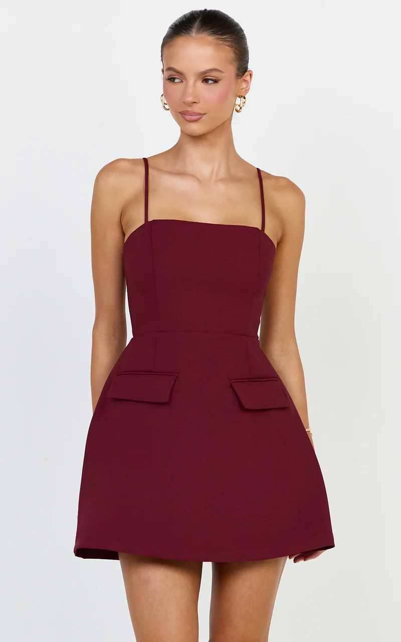 Katia Mini Dress - Strappy Corset A Line Dress in Wine
