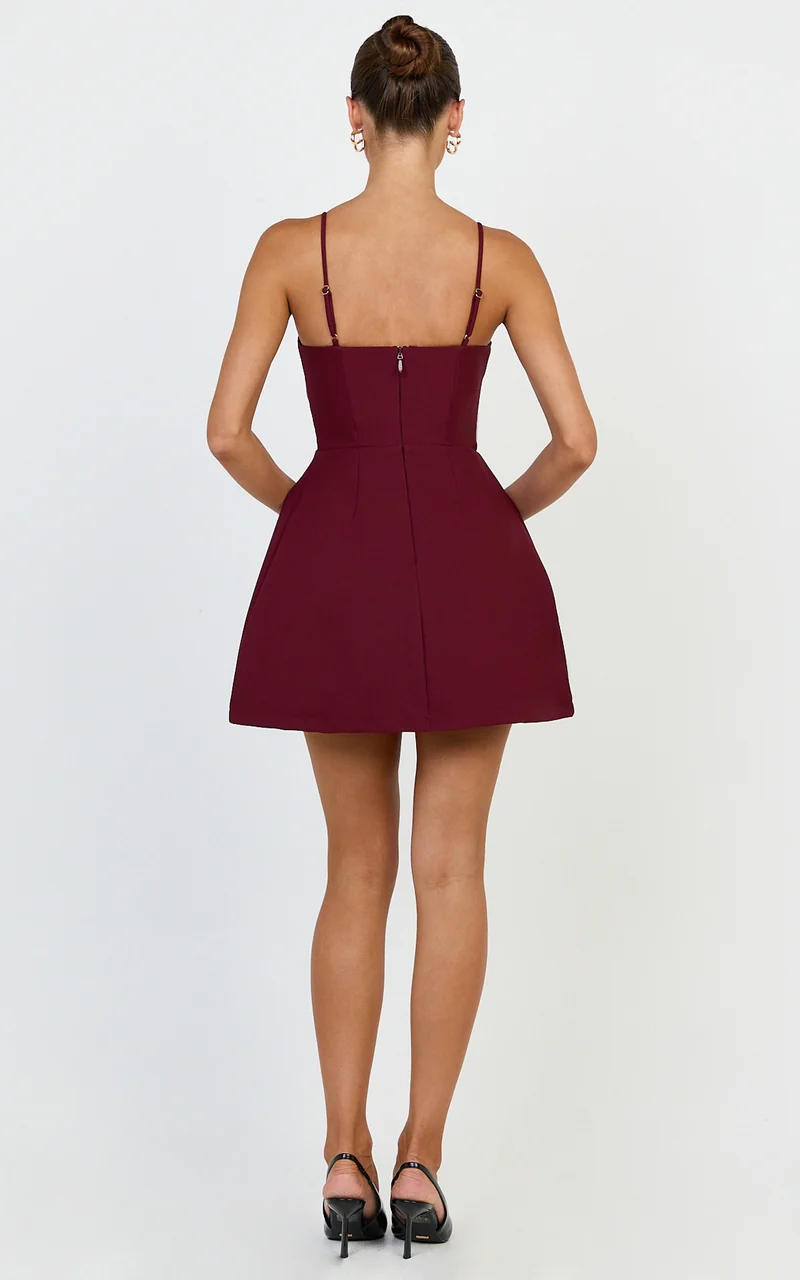 Katia Mini Dress - Strappy Corset A Line Dress in Wine