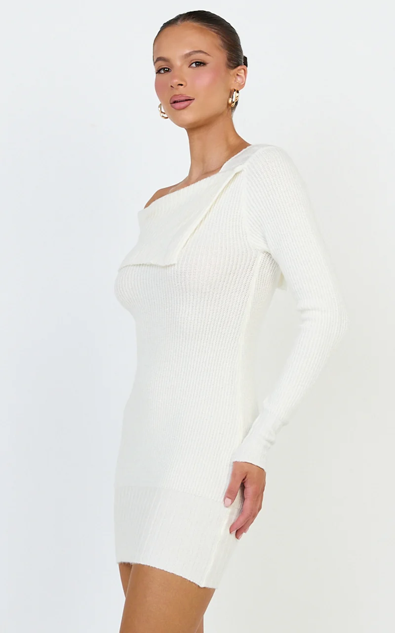 Tess Mini Dress - Asymmetric Off Shoulder Long Sleeve Knit Dress in Cream