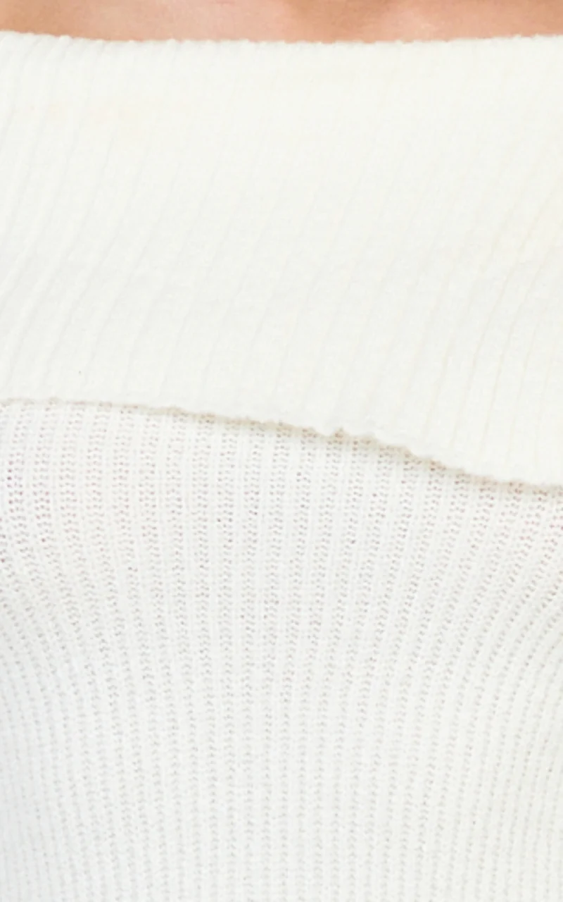 Tess Mini Dress - Asymmetric Off Shoulder Long Sleeve Knit Dress in Cream