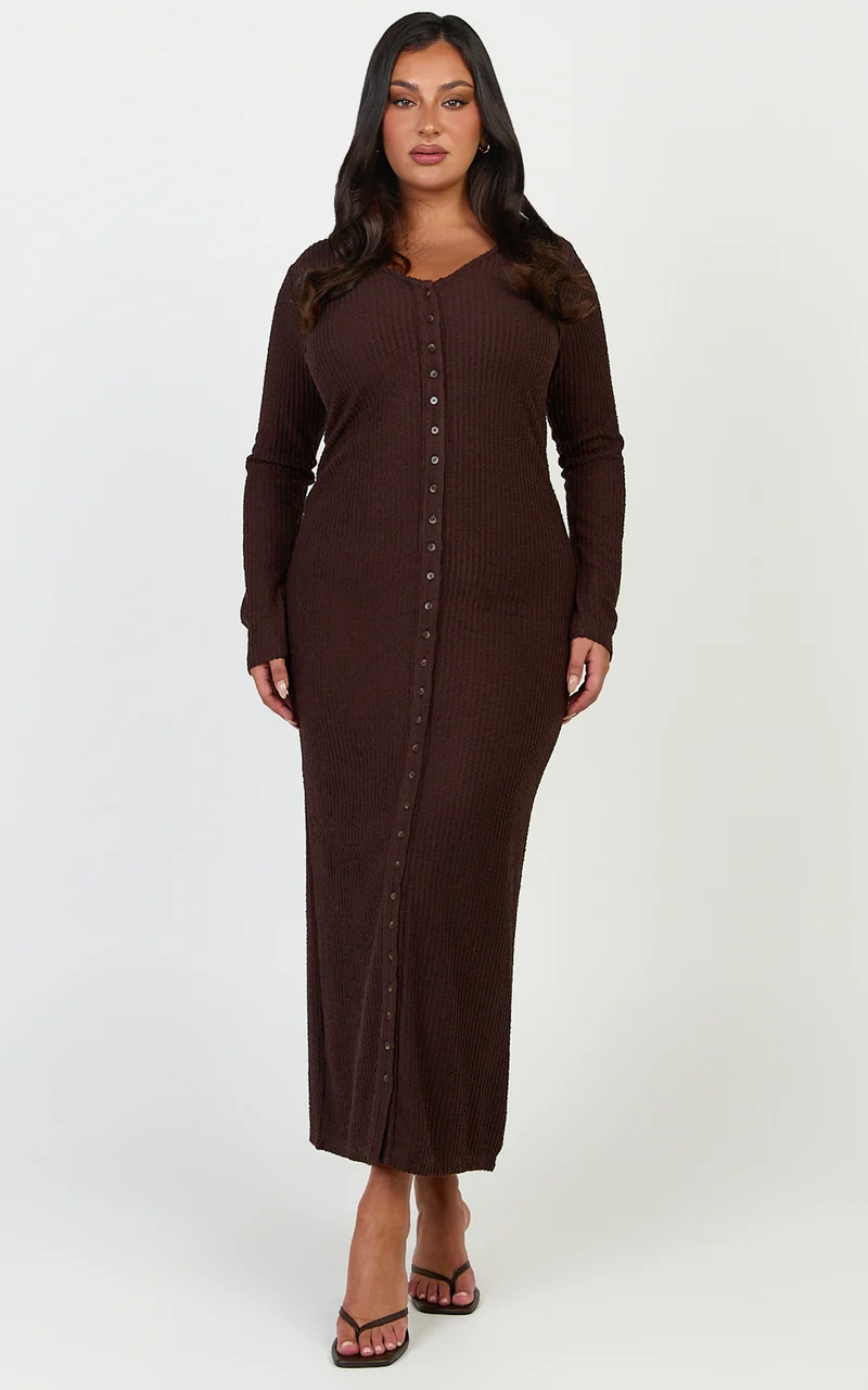 Zayla Midi Dress - Long Sleeve Button Front Bodycon Dress in Chocolate