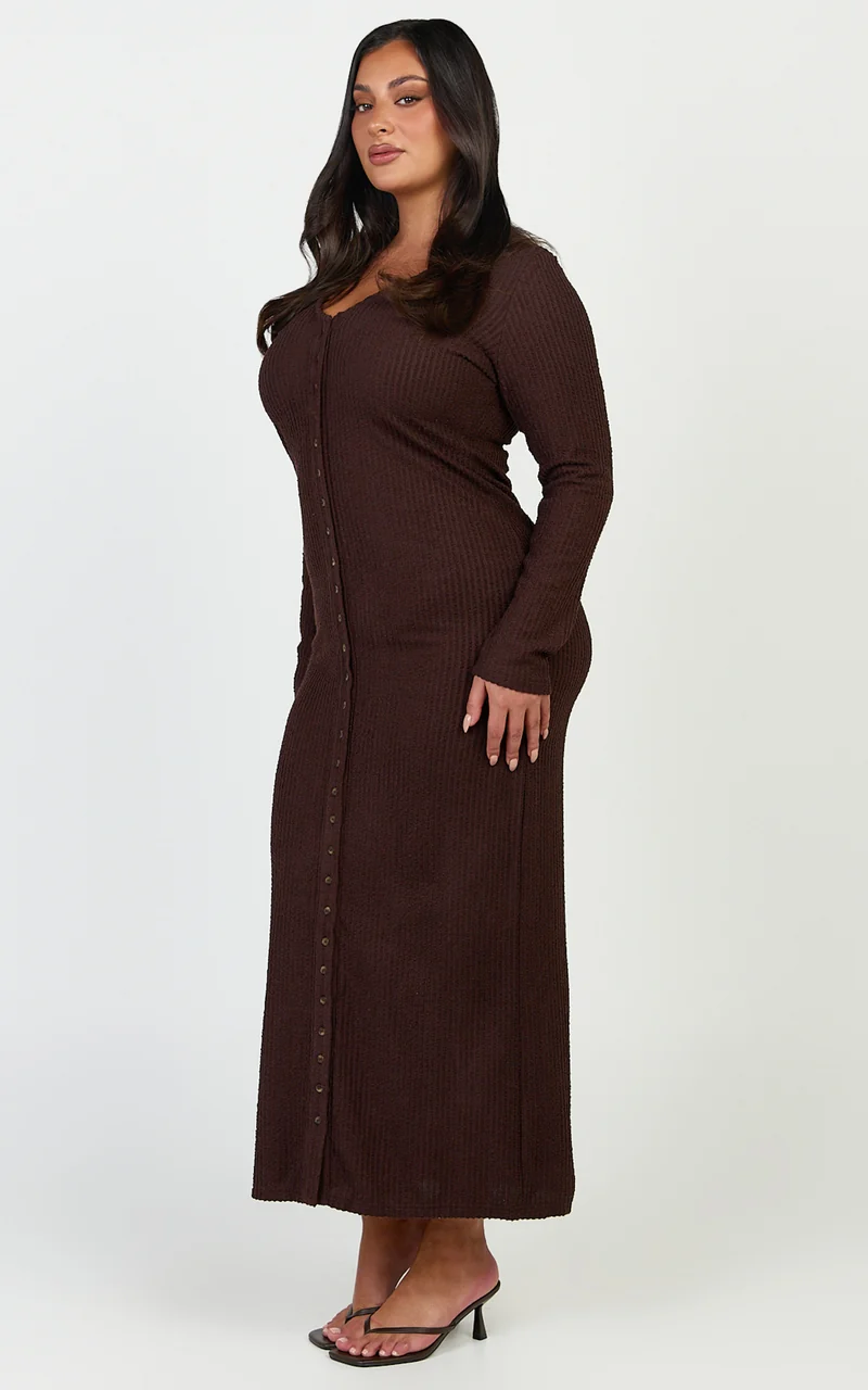Zayla Midi Dress - Long Sleeve Button Front Bodycon Dress in Chocolate