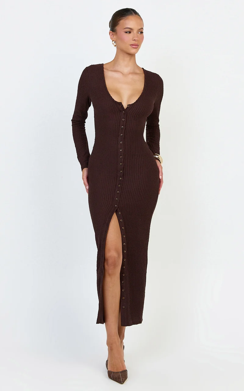 Zayla Midi Dress - Long Sleeve Button Front Bodycon Dress in Chocolate