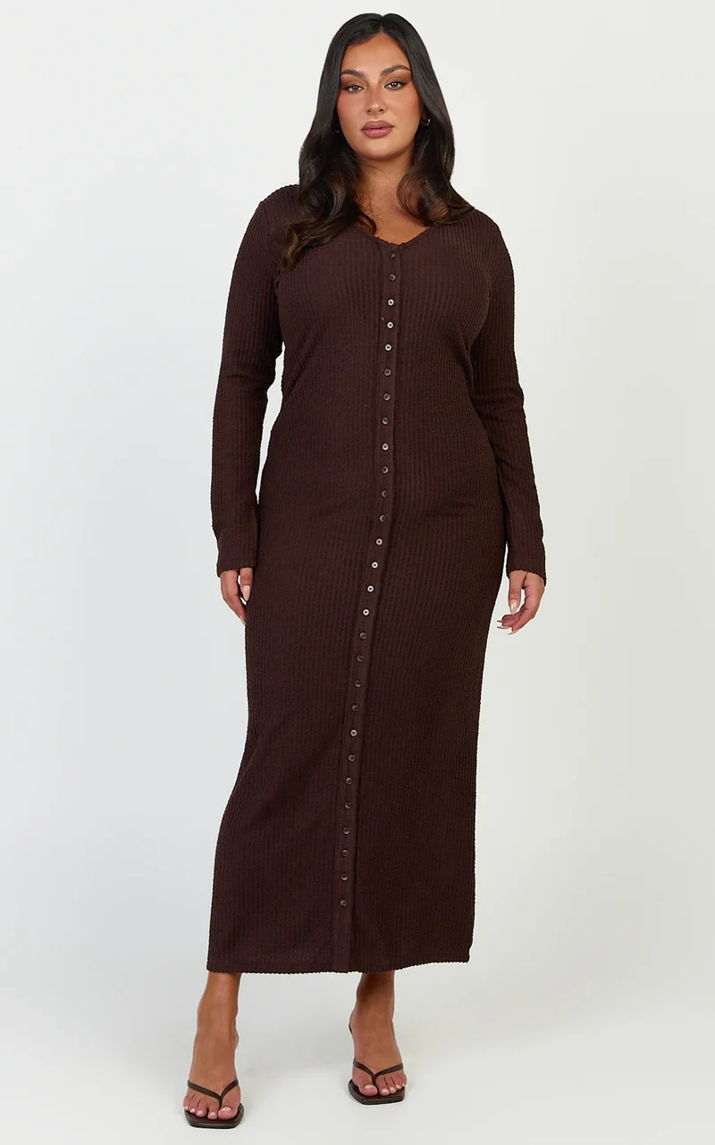 Zayla Midi Dress - Long Sleeve Button Front Bodycon Dress in Chocolate