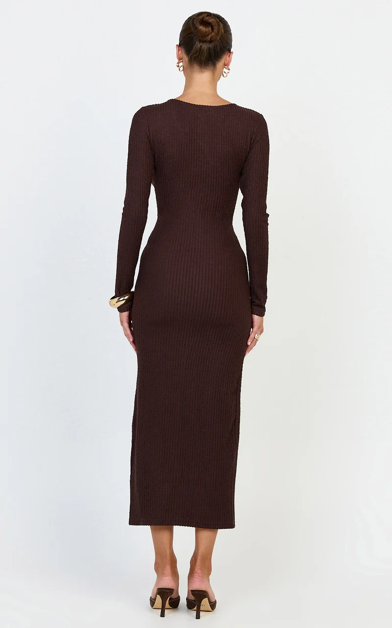 Zayla Midi Dress - Long Sleeve Button Front Bodycon Dress in Chocolate
