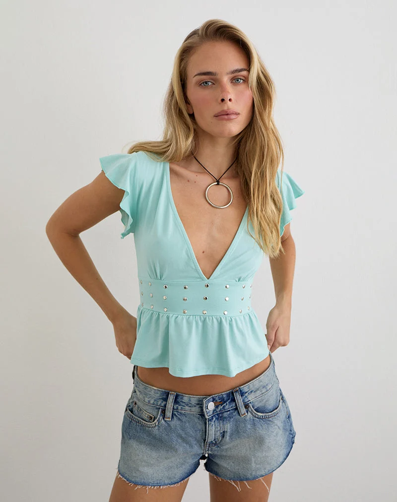 Haut à volants Leisma en jersey bleu aqua avec clous