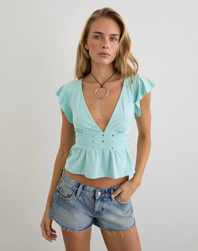 Haut à volants Leisma en jersey bleu aqua avec clous