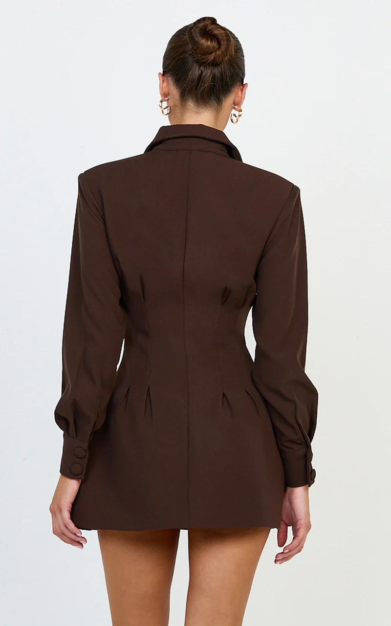 Thelma Mini Dress - Button Front Pleat Waist Tulip Skirt Shirtdress in Chocolate
