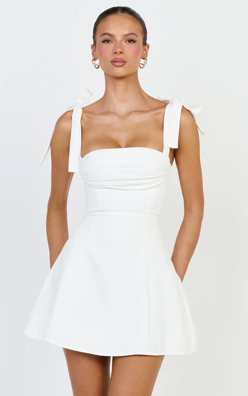 Inez Mini Dress - Gathered Bust A Line Shoulder Tie Dress in White