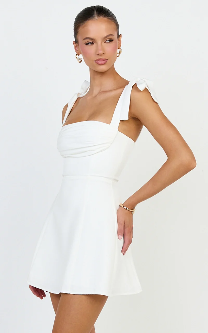 Inez Mini Dress - Gathered Bust A Line Shoulder Tie Dress in White