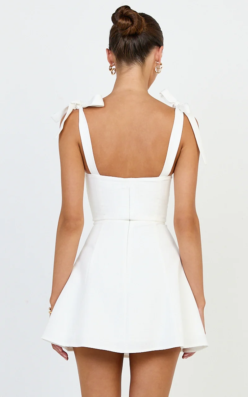 Inez Mini Dress - Gathered Bust A Line Shoulder Tie Dress in White