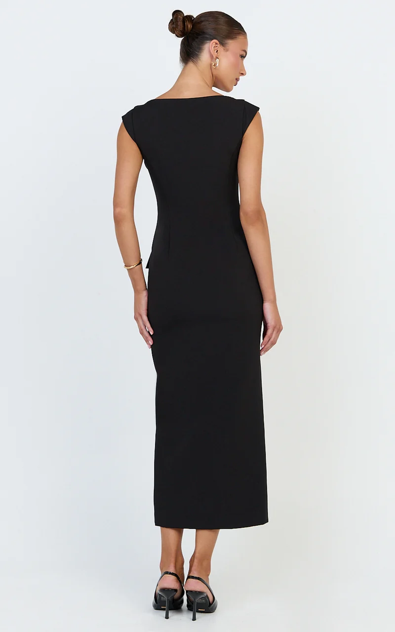 Calista Midi Dress - Boat Neck Button Down Pencil Dress in Black