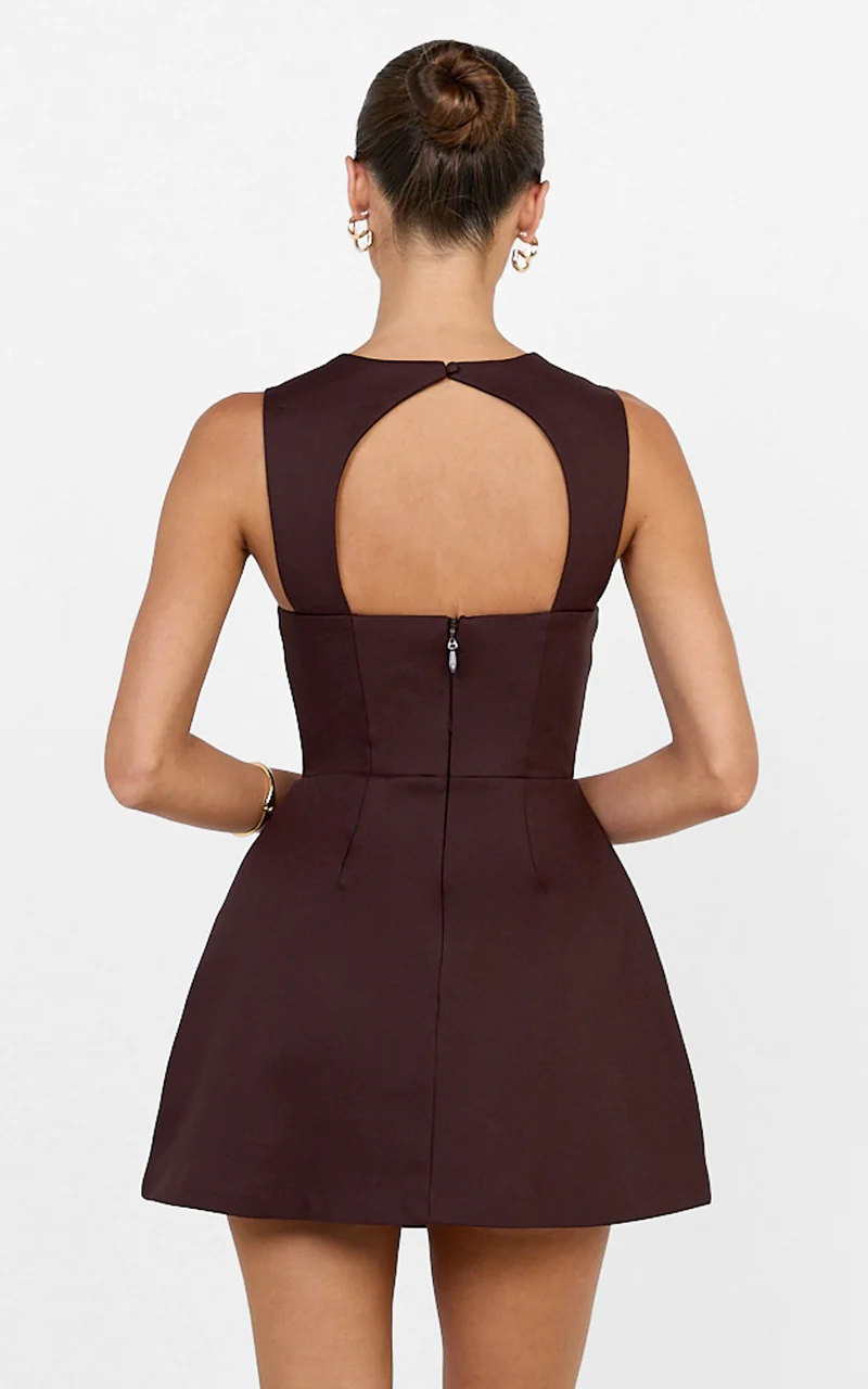 Garrett Mini Dress - Square Neck Fit And Flare Dress in Dark Chocolate