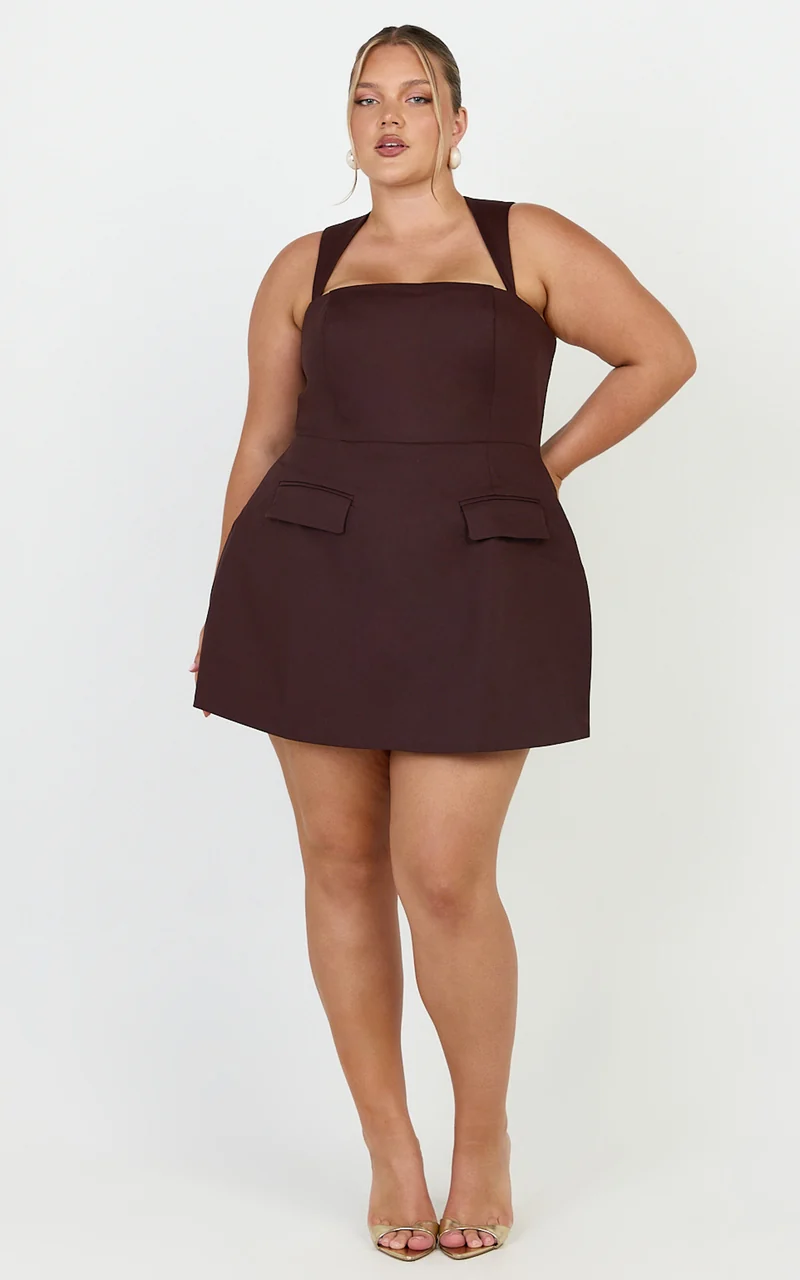 Garrett Mini Dress - Square Neck Fit And Flare Dress in Dark Chocolate