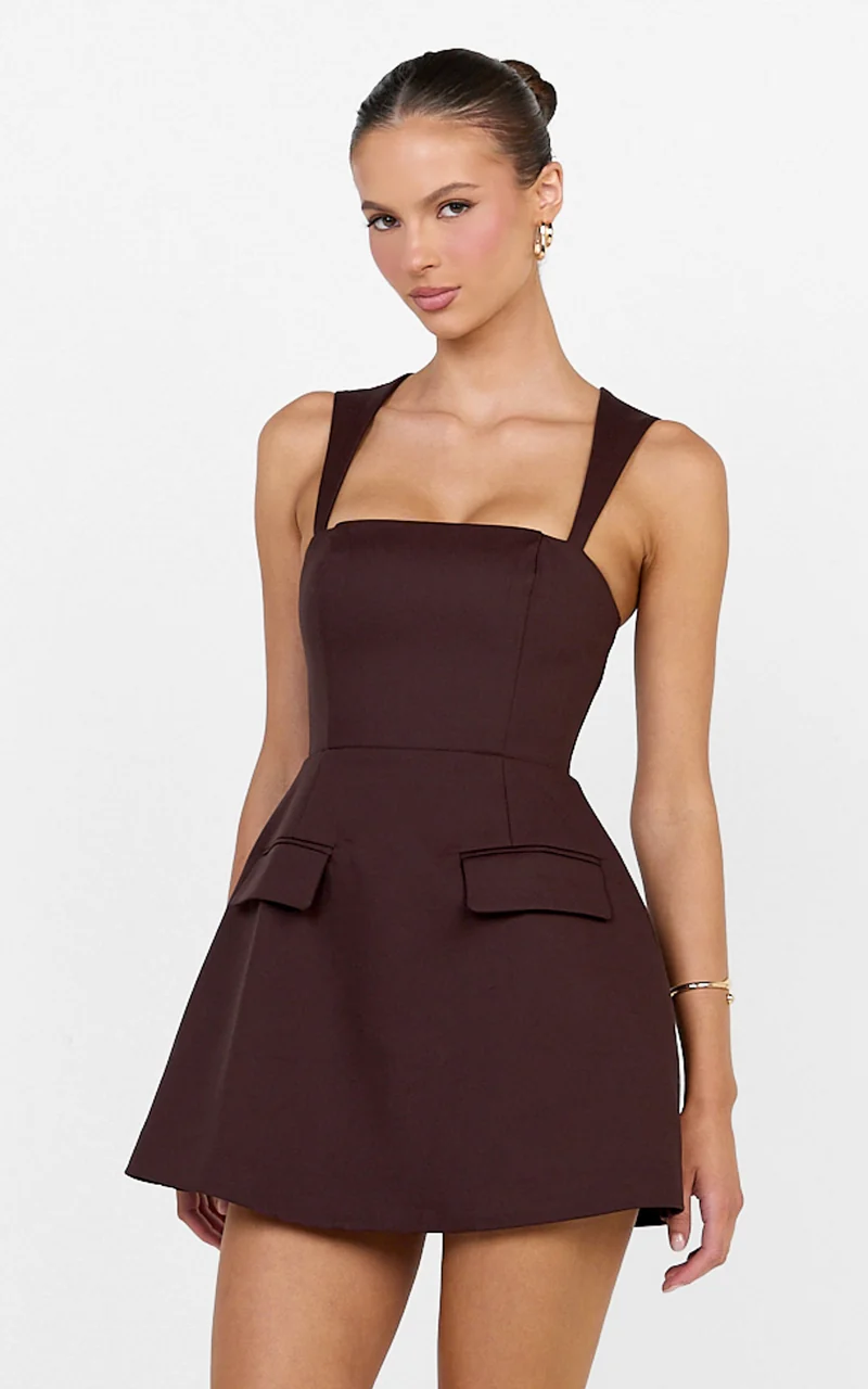 Garrett Mini Dress - Square Neck Fit And Flare Dress in Dark Chocolate