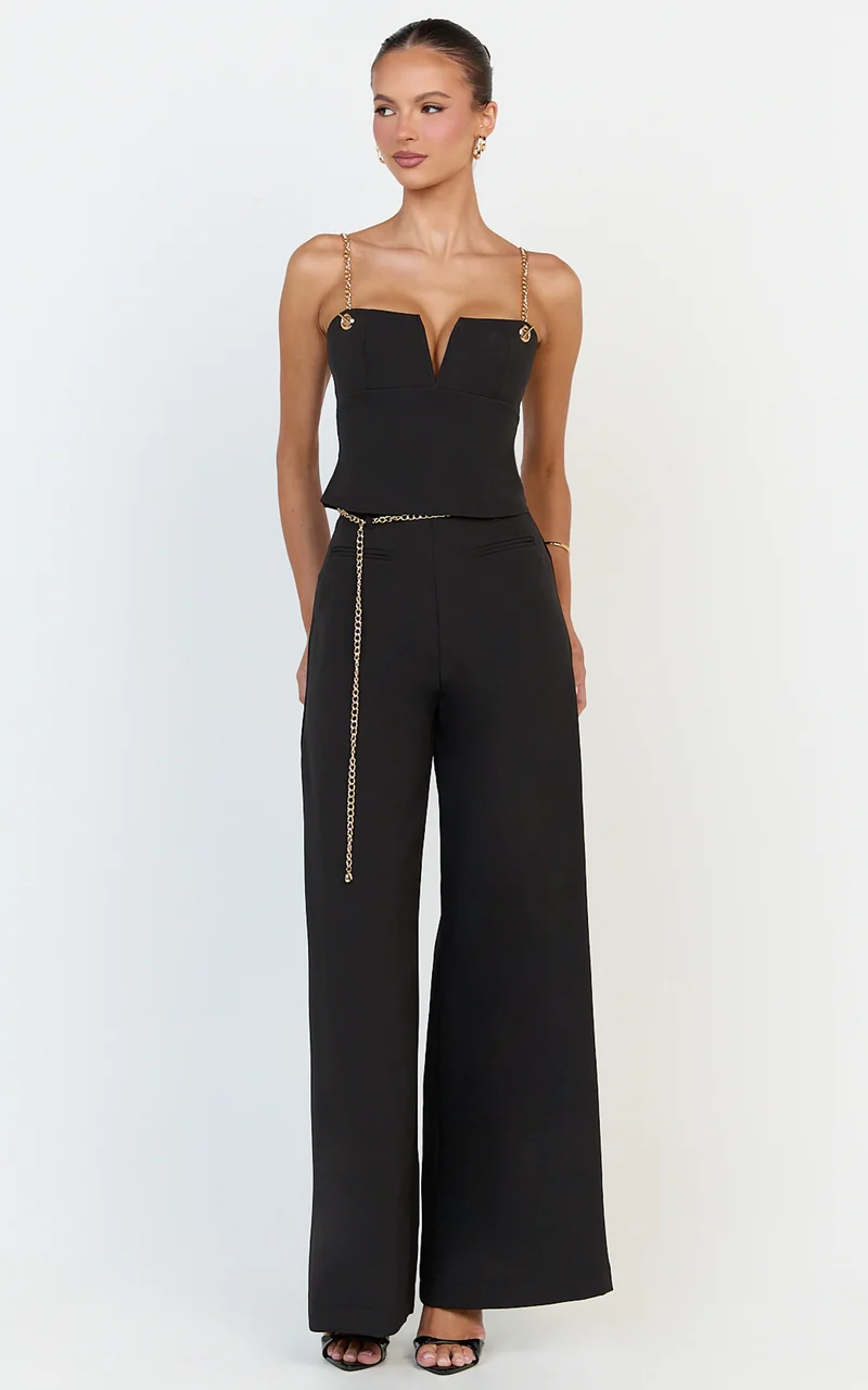Miren Pants - High Waist Wide Leg Pants With Removable Gold Chain Belt in Black
