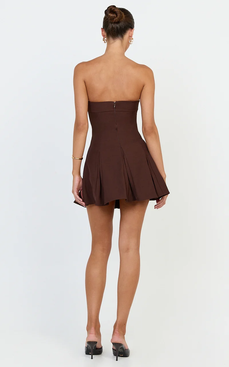 Kalliste Mini Dress - Strapless Godet Pleat Fit And Flare Dress in Chocolate