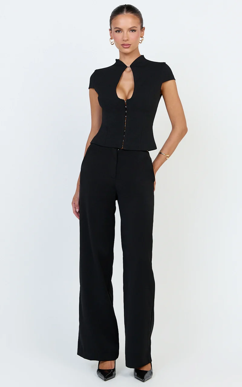 Briony Top - High Neck Keyhole Cap Sleeve Top in Black