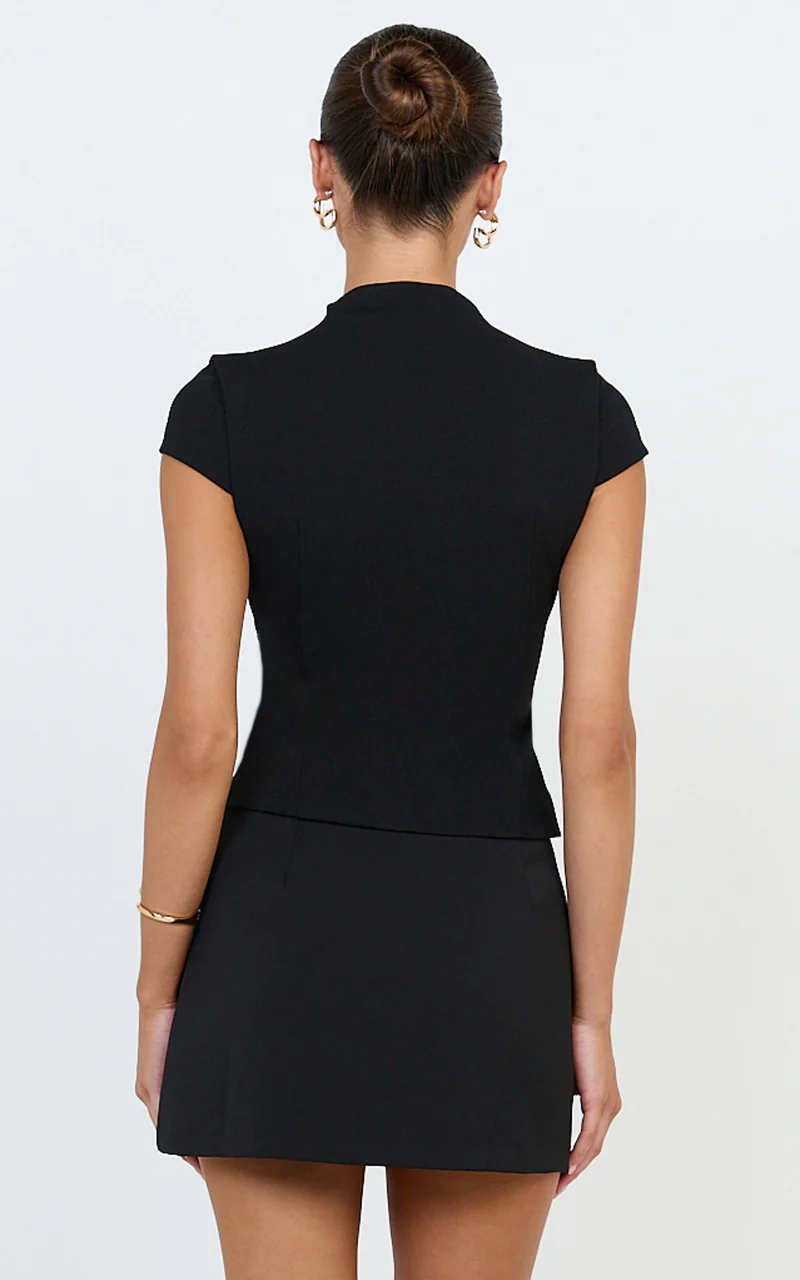 Briony Top - High Neck Keyhole Cap Sleeve Top in Black
