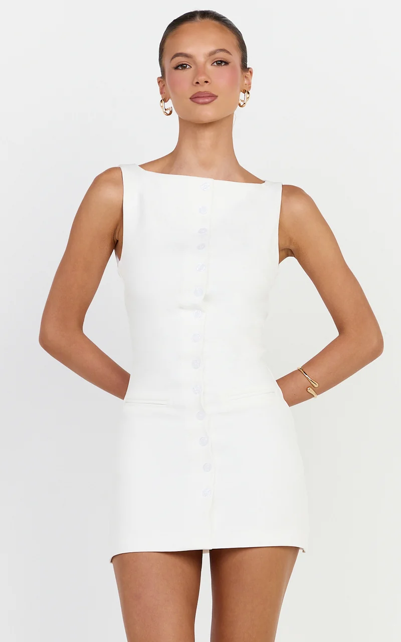 Adela Mini Dress - Mock Button Thru Boat Neck Dress in White
