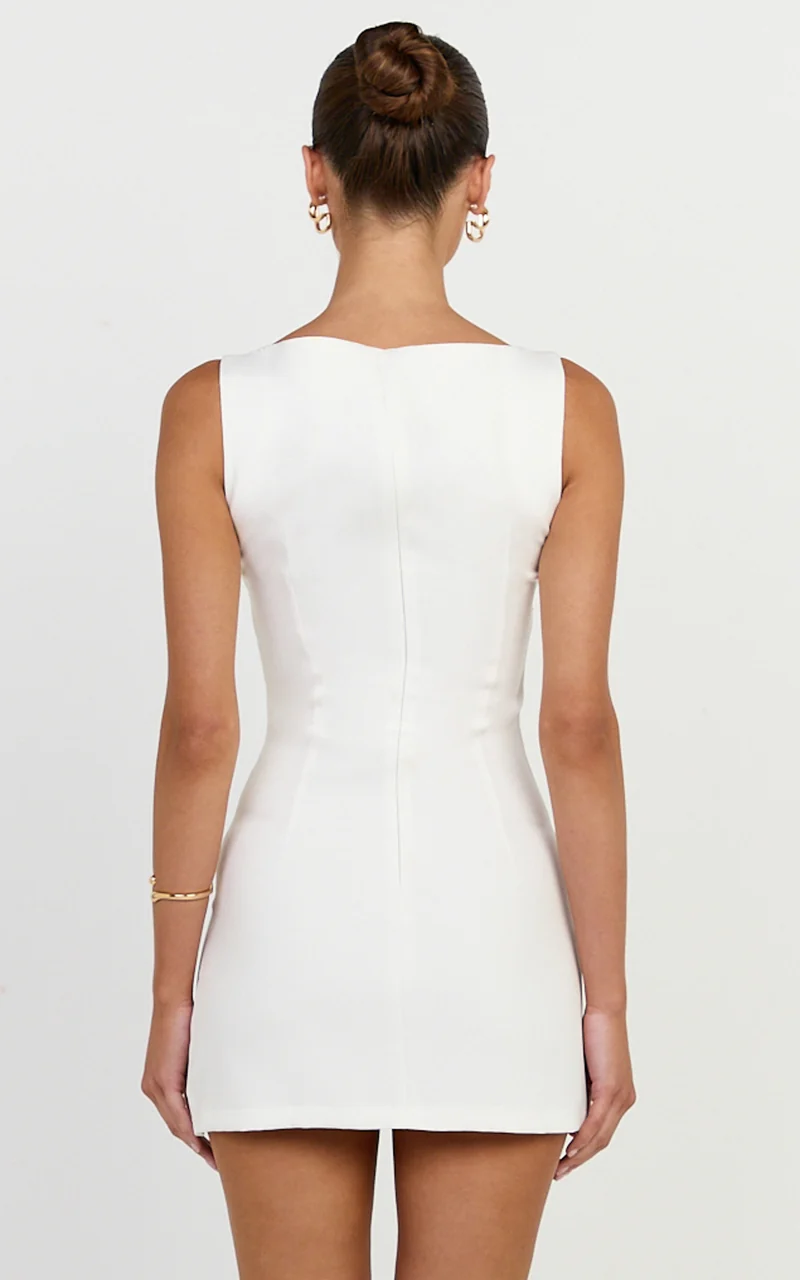 Adela Mini Dress - Mock Button Thru Boat Neck Dress in White