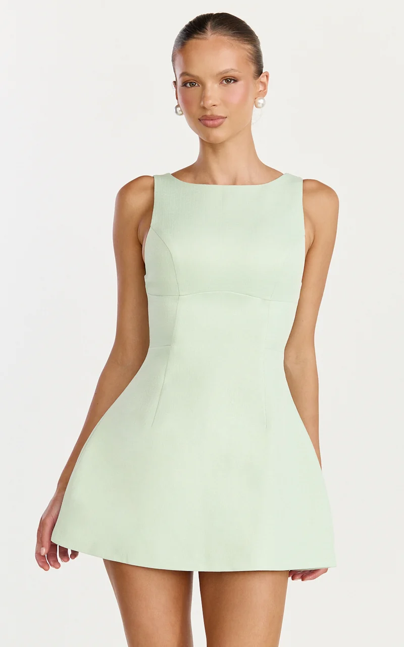 Raquelle Mini Dress - Boucle Boat Neck V Back Fit and Flare Dress in Pistachio